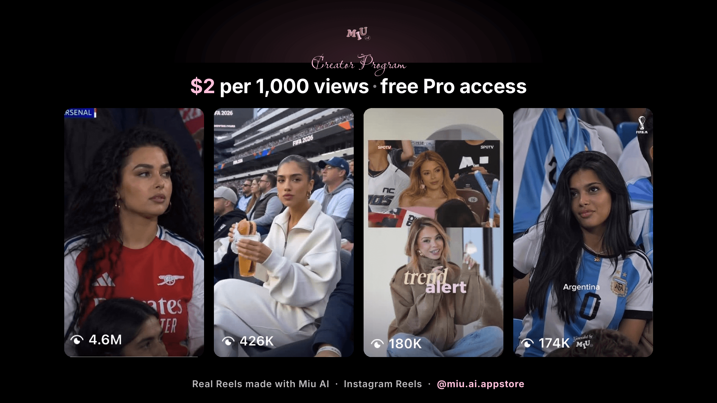 Miu AI — Instagram Reels UGC · $2 / 1000 views + free Pro access