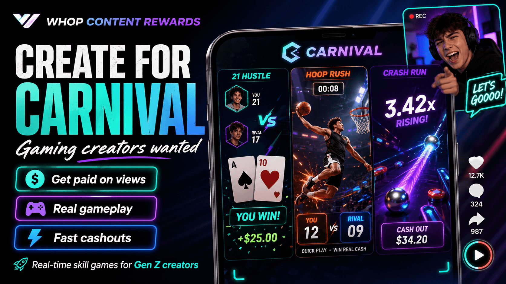 Create high-energy gameplay videos for Carnival - real-time skill games for cash