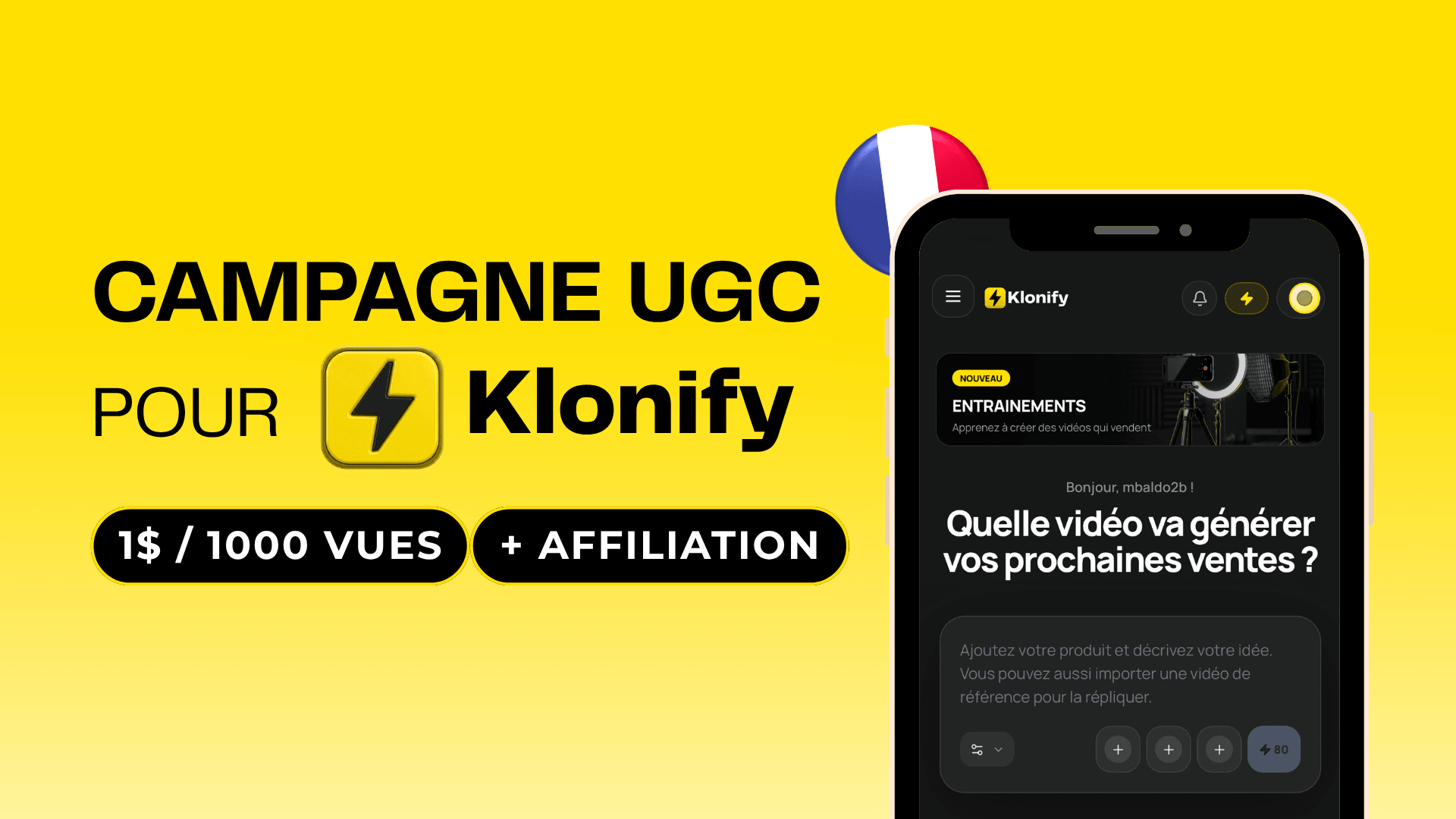 Klonify UGC FR | $1 par 1000 vues